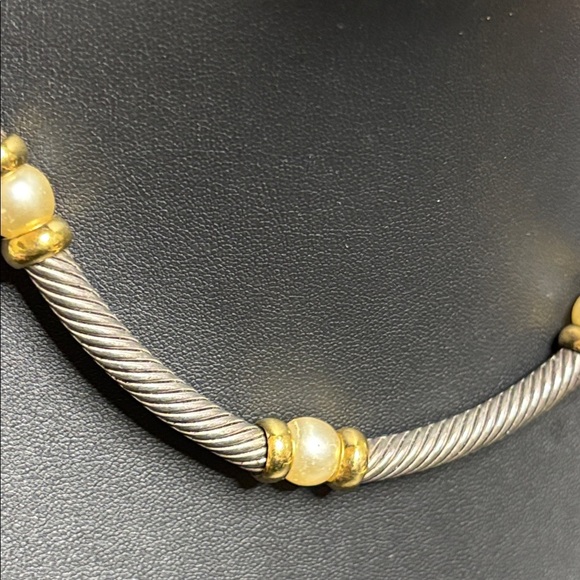 Elegant Two Tone Silver Gold Hampton Choker Cable Pearl Beaded Necklace - Picture 5 of 7
